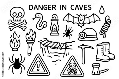 Cave Exploration Dangers. Danger in caves. Hand-drawn doodle illustration danger in caves skull, bones, snake, bat, spider, torch, lantern, rope, broken
