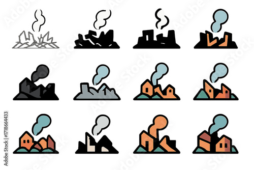 Devastated Village Logos. Set Logo of Devastated village: Smoke rising from distant ruins. Logo set in vector style, emblematic variations. line, bold thick