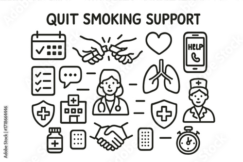 Quit Smoking Doodle. Hand-drawn doodle illustration Quit smoking support [hand breaking cigarette, calendar, heart, lungs, phone helpline, doctor, nurse,
