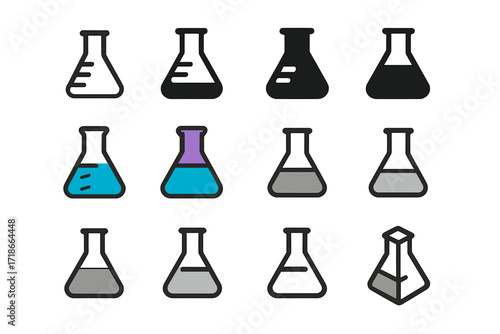 Flask Logo Variations. Set Logo of Flasks: Conical measuring flask with liquid level. Logo set in vector style, emblematic variations. line, bold thick line,