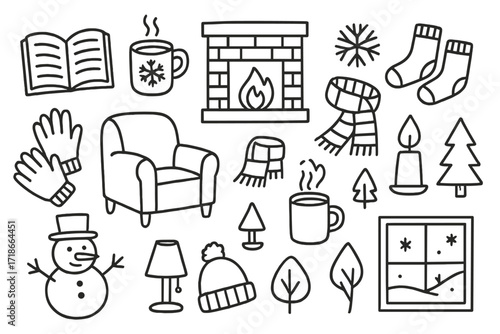 Winter Reading Nook. Hand-drawn doodle illustration Winter reading nook open book, hot chocolate, fireplace, socks, snowflake, scarf, gloves, chair, blanket,