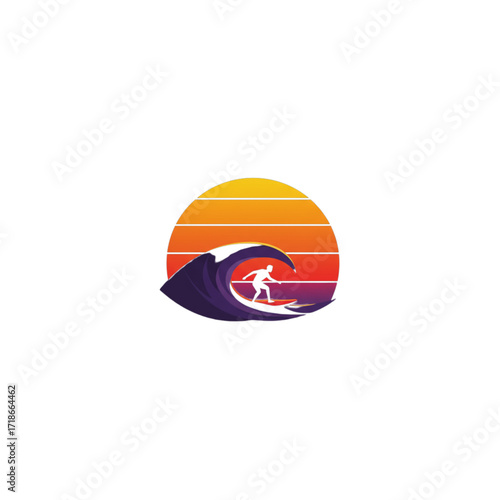 Retro surfing logo with a surfer silhouette on a purple wave and a striped sunset background. Summer vacation and water sports vector illustration