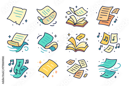Colorful Flying Pages Icons. Colorful isometric vector icons set of book pages flying: single torn page in the air, curled paper drifting, book exploding with