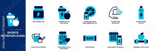 Sports Nutrition Blue Colored Outline Icon Set