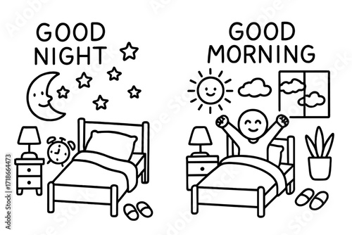 Good Night Morning Doodles. Good night good morning. Hand-drawn doodle illustration good night good morning moon, stars, bed, pillow, blanket, stretching arms,