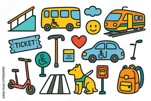 Accessible Transportation Doodles. Colorful Hand-drawn doodle Children illustration Accessible transportation [wheelchair ramp, accessible bus, train, car with