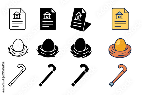 Retirement Planning Icons. Icon Set of Retirement Planning: Pension fund document, Nest egg, Walking cane. Icons set in vector style, emblematic variations.