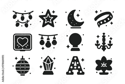 Decorative Lighting Icons. Decorative lighting. Solid icons set of decorative lighting: fairy lights, glowing star, moon lamp, LED strip, neon sign, string