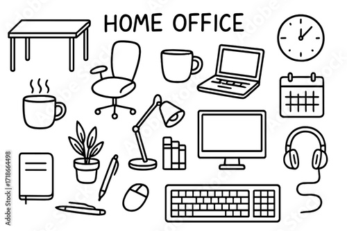 Home Office Doodle. Hand-drawn doodle illustration Home office setups [desk, swivel chair, laptop, coffee mug, notebook, pen, plant, lamp, bookshelf, mouse,