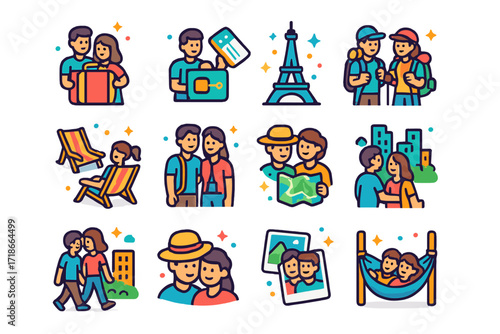 Couple's Travel Adventure Icons. Colorful isometric vector icons set of couple travel moments: shared suitcase, boarding pass, hotel keycard, beach chairs,