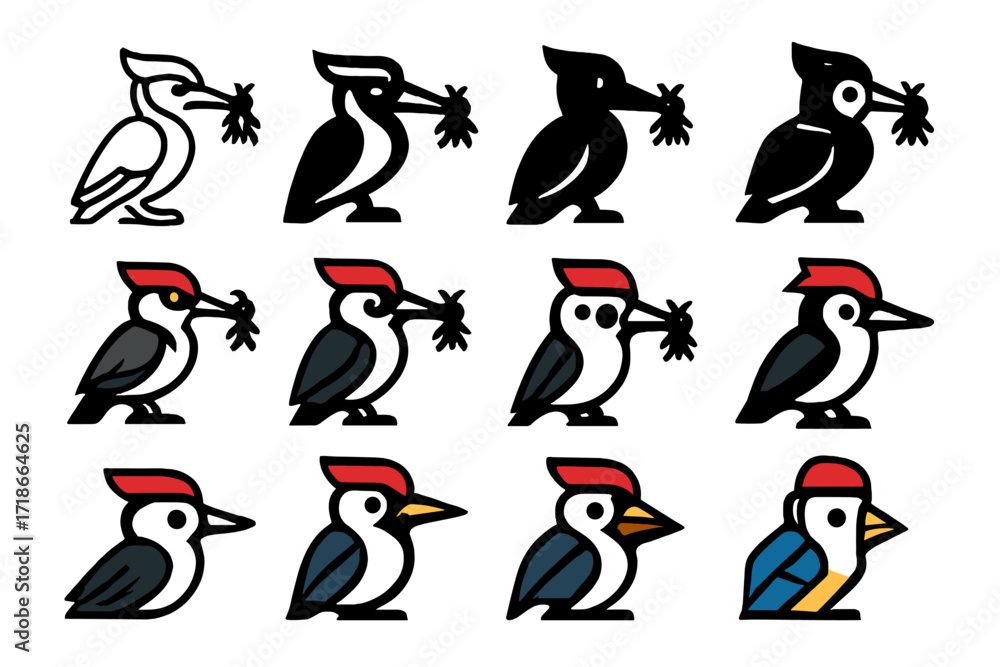 Naklejka premium Woodpecker Logo Variations. Set Logo of Woodpecker: Woodpecker with insect in beak. Logo set in vector style, emblematic variations. line, bold thick line,