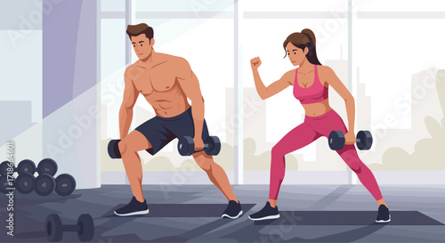 Fitness couple exercising with dumbbells in modern gym  