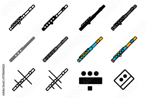 Colorful Symphony Logos. Set Logo of Symphony Orchestra: Flute. Logo set in vector style, emblematic variations. line, bold thick line, solid black filled,