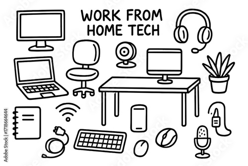 Home Office Essentials. Work from home tech. Hand-drawn doodle illustration work from home tech laptop, monitor, keyboard, mouse, chair, desk,