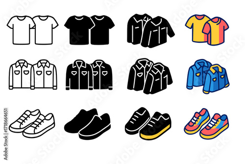 Couple's Fashion Icons. Icon Set of Couple's fashion basics: matching t-shirts, denim jackets, sneakers. Icons set in vector style, emblematic variations.