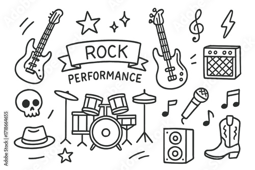 Rock Performance Doodles. Hand-drawn doodle illustration Rock Performance [electric guitar, bass guitar, drum set, microphone, speaker, star,