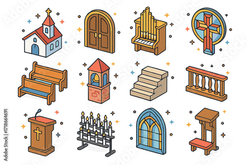 Colorful Church Icons. Colorful isometric vector icons set of Church building and interior: white steeple church, large wooden doors, pipe organ, stained glass