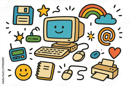 Retro Internet Doodles. Colorful Hand-drawn doodle Children illustration Early Internet Era [CRT monitor, desktop computer, floppy