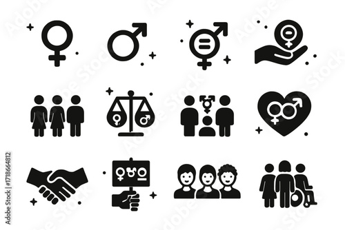 Iconic Gender Symbols. Gender Equality. Solid icons set of female symbol, male symbol, gender-neutral symbol, equal pay, diverse