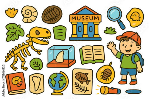 Children's Museum Adventure. Colorful Hand-drawn doodle Children illustration Museum of natural history [dinosaur skeleton, fossil shell, trilobite, fish