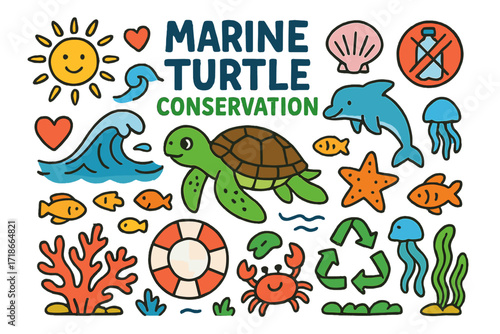 Marine Turtle Conservation Icons. Colorful Hand-drawn doodle Children illustration Marine turtle conservation [sea turtle, ocean wave, coral reef, seashell,