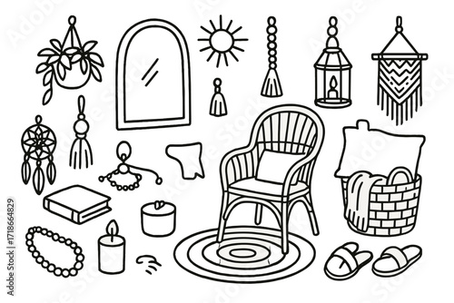Boho Doodle Decor. Hand-drawn doodle illustration Boho mirror corner [arched mirror, rattan chair, woven rug, hanging plant, sunburst decor, tassel,