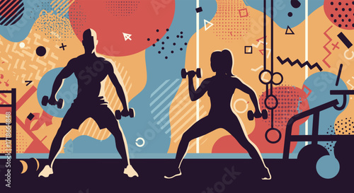 Silhouettes of man and woman weightlifting in a colorful gym backdrop  
