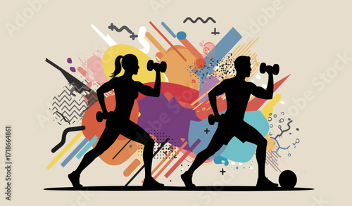 Two athletes lifting dumbbells in dynamic workout silhouettes  