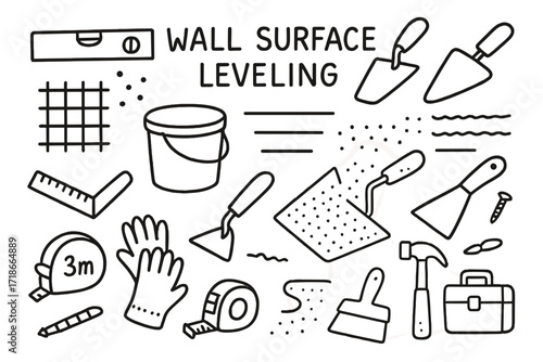 Wall Leveling Tools. Hand-drawn doodle illustration Wall surface leveling [bubble level, plastering trowel, putty knife, bucket, wall grid, paint roller,