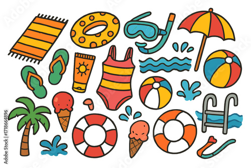 Poolside Summer Doodles. Colorful Hand-drawn doodle Children illustration Poolside towel, pool float, swim goggles, flip-flops, sunscreen, swimsuit, beach