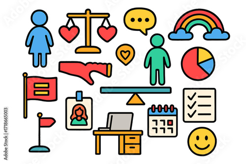 Gender Equality Doodle. Colorful Hand-drawn doodle Children illustration Gender Equality at Work female icon, male icon, scale, heart, balance bar, pie chart,