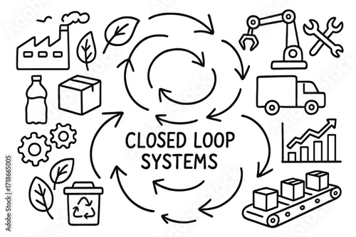 Closed Loop Icons. Closed loop systems. Hand-drawn doodle illustration closed loop systems arrows, circles, gears, factories, bottles, boxes, recycling bins,