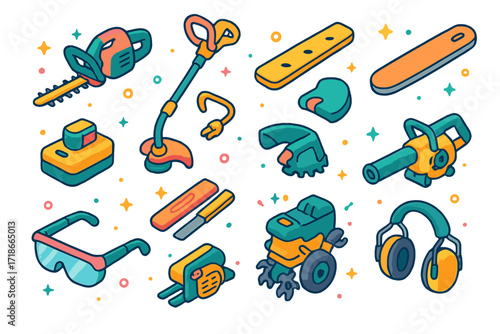 Garden Tools Icons. Colorful isometric vector icons set of power garden tools: electric hedge trimmer, string trimmer, lawnmower blade, chainsaw bar, battery