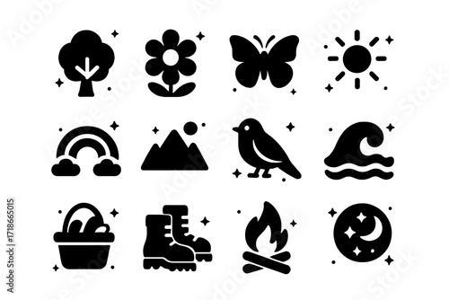Nature Icons Grid. Nature happiness. Solid icons set of nature happiness: tree, flower, butterfly, sunshine, rainbow, mountain, bird, ocean wave, picnic