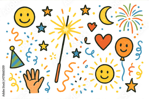 Sparkling Celebration Doodles. Colorful Hand-drawn doodle Children illustration Sparkler celebration, sparkles, stars, glowing stick, night sky, smiley face,