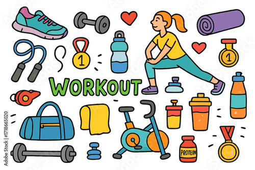Colorful Workout Doodles. Workout. Colorful Hand-drawn doodle Children illustration Workout sneakers, dumbbell, barbell, skipping rope, yoga mat, water bottle,