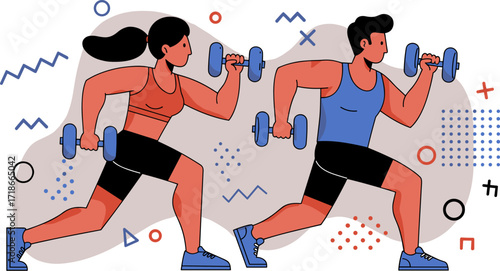 Man and woman exercising with dumbbells in modern workout style