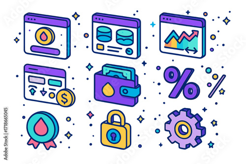 Decentralized Finance Icons. Colorful isometric vector icons set of decentralized finance (DeFi) tools: staking interface, liquidity pool dashboard, farming