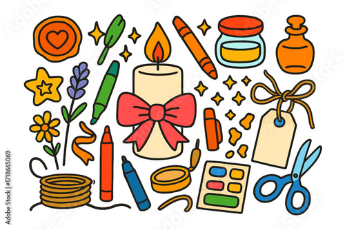 Colorful Doodle Candle Decor. Colorful Hand-drawn doodle Children illustration Candle Decorating bow, wax stamp, dried flowers, glitter, sticker, jar lid,
