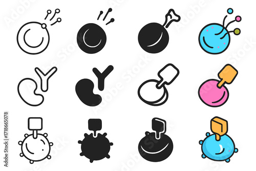 Immune Communication Icons. Icon Set of Immune Communication: Cytokine signal, Receptor binding, Antigen presentation. Icons set in vector style, emblematic