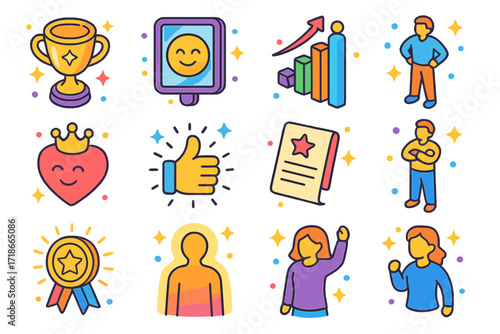 Self-Esteem Icons. Colorful isometric vector icons set of self-esteem and confidence: glowing trophy, happy mirror face,