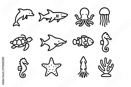 Marine Life Icons. Marine life diving. Line icon set of marine life diving: dolphin, shark, octopus, jellyfish, turtle, manta ray,
