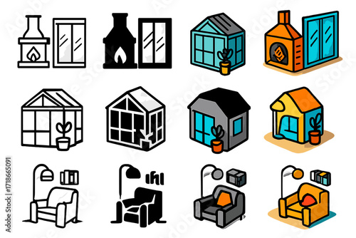 Cozy Living Icons. Icon Set of Cozy indoor-outdoor living: fireplace by terrace, sunroom, reading nook. Icons set in vector style, emblematic variations.