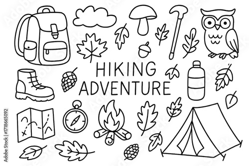 Autumn Hiking Adventure. Hand-drawn doodle illustration Hiking adventure in autumn, backpack, hiking boots, map, compass, water bottle, campfire, leaves,