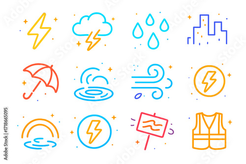 Neon Storm Icon Set. Colorful isometric vector icons set of nighttime neon storm: lightning bolt in neon, thundercloud with glow, neon-lit raindrops, stormy