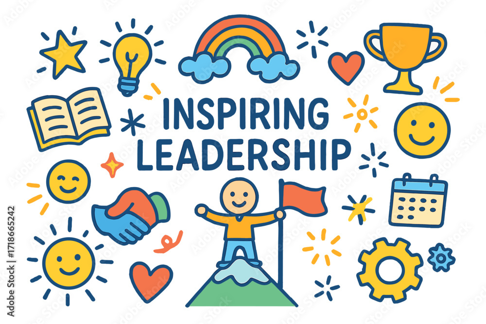 Obraz premium Inspiring Leadership Doodle. Colorful Hand-drawn doodle Children illustration Inspiring Leadership [leader figure, flag, mountain peak, book, light bulb, star,