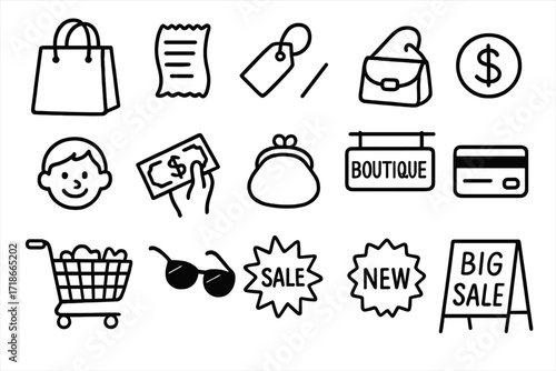 Shopping Doodle Icons. Hand-drawn doodle illustration shopping spree gift bag, receipt roll, price tag, fashion bag, dollar icon,