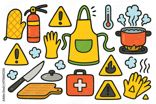 Kitchen Safety Doodles. Kitchen safety. Colorful Hand-drawn doodle Children illustration oven mitt, apron, fire extinguisher, warning sign, hot stove, boiling