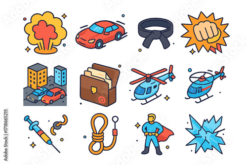 Action Genre Icons. Colorful isometric vector icons set of Action Genre: explosion icon, speeding car, martial arts belt, punch effect, city chase scene,