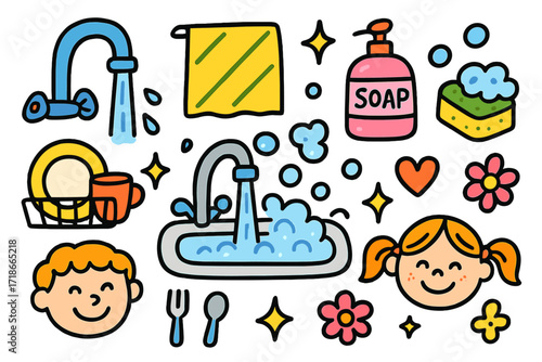 Cheerful Kitchen Chores. Colorful Hand-drawn doodle Children illustration Kitchen Chores sink, faucet, towel, sponge, bubbles, soap, dish rack, cup, plate,